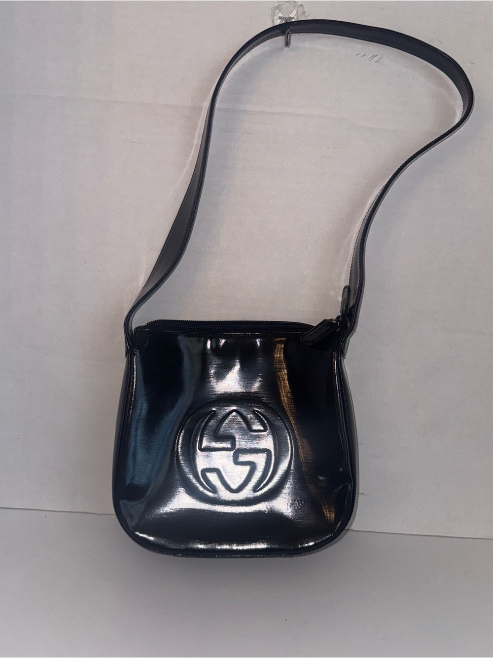 Authentic Gucci Black Patent Leather Shoulder Bag with Embossed Logo GG SoHo